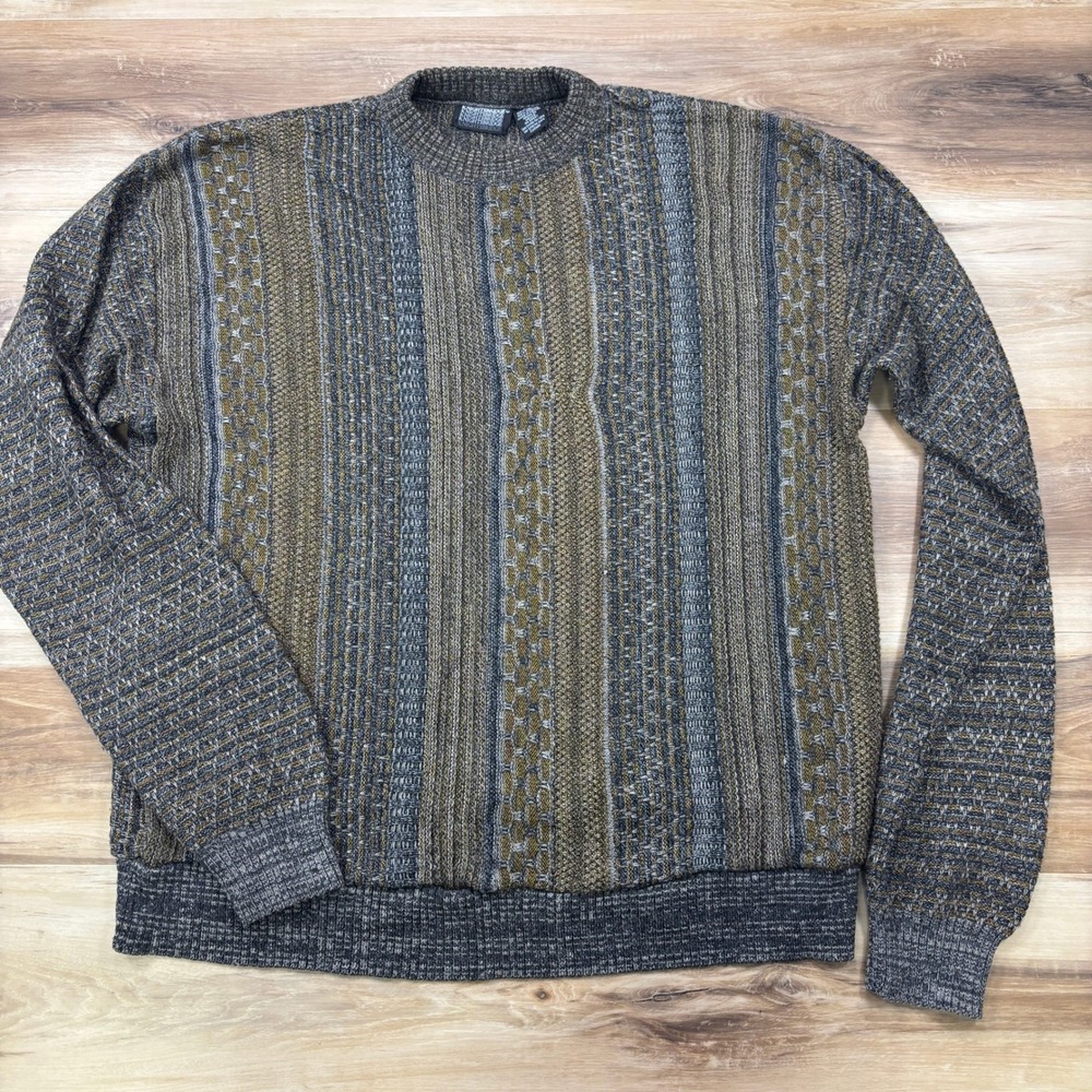 Knightsbridge Sweater Mens Large Vintage 90s Textured Knit Acrylic Grey Brown